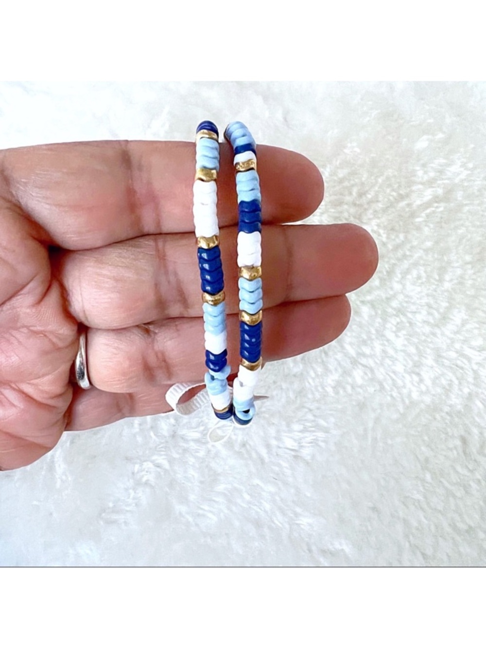 J. Crew Blue and White  2 piece Chevron Color block Beaded Stretch Bracelets - Picture 4 of 4